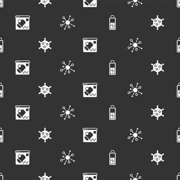Set Battery, Virus, Data visualisation and Molecule on seamless pattern. Vector Illustrazione stock