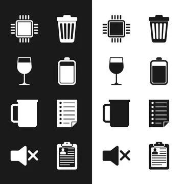 Set Battery, Wine glass, Processor with CPU, Trash can, Coffee cup and Docu.. 스톡 일러스트