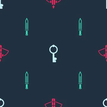 Set Battle crossbow with arrow, Old key and Medieval sword on seamless pattern Stock Illustration