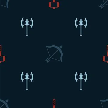 Set Battle hammer, Medieval bow and arrow and poleaxe on seamless pattern Illustrazione stock