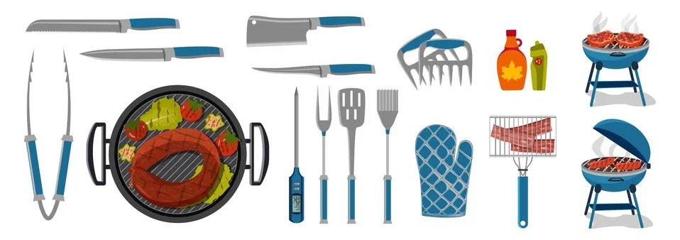 Set of BBQ and different tools for barbecue party. Vegetables, chicken, steak Stock Illustration