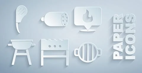 Set BBQ brazier, Location with fire flame, Barbecue grill, Salami sausage and Illustrazione stock
