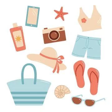 A set of beach accessories. Cartoon vector illustration. Beach set 스톡 일러스트
