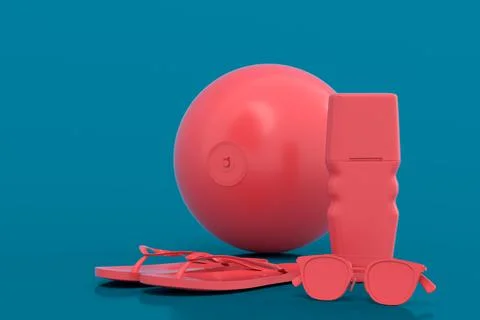 Set of beach accessories like flip flops, sunglasses, sunscreen and ball on b Stock Illustration