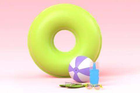Set of beach accessories like flip flops, sunglasses and ball on pink and whi Stock Illustration