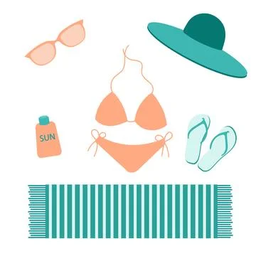 A set of beach accessories. Hat, towel, glasses, suntan lotion, flip-flops Stock Illustration