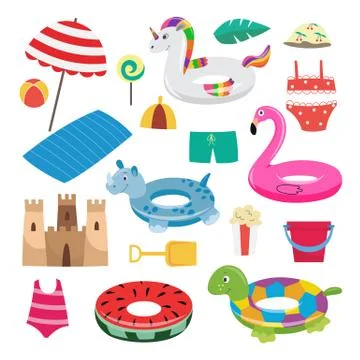 Set of beach accessories for summer fun of kids-vector isolated flat Stock Illustration
