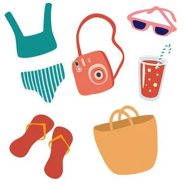 Set of beach accessories. Summer items: flip-flops, sunglasses, swimsuit, coc Stock Illustration