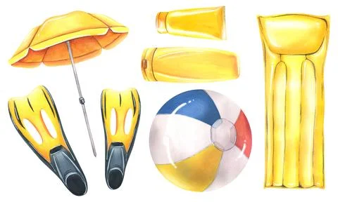 Set of beach accessories yellow inflatable mattress for swimming, sun umbrella Stockillustratie