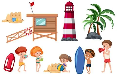 Set of beach activities on white background Stock Illustration