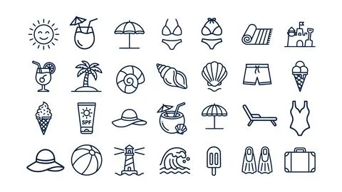 Set of beach and summer line icons for travel design 库存插图