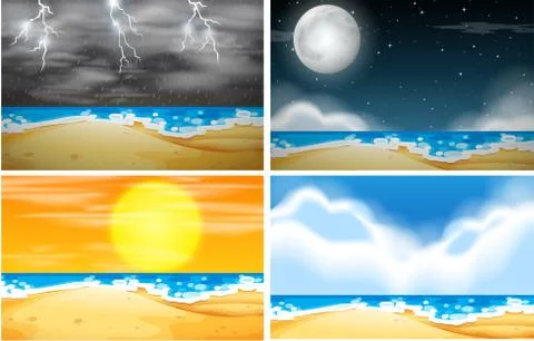 Set of beach background with different weather Stock Illustration