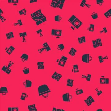 Set Beach bag, Folded map, Captain of ship and Photo camera on seamless pattern Stock Illustration