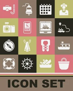 Set Beach bag, pier dock, Ship line path, Calendar, Cruise ticket, Photo camera Stock Illustration