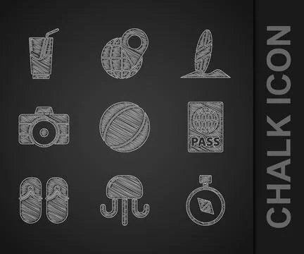 Set Beach ball, Jellyfish, Compass, Passport, Flip flops, Photo camera, Sur.. Stock Illustration