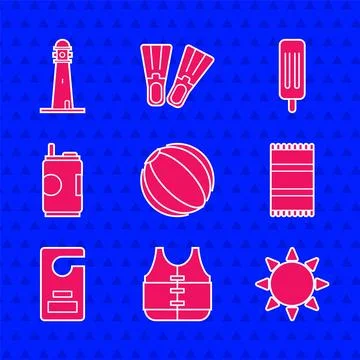 Set Beach ball, Life jacket, Sun, towel, Please do not disturb, Soda can, I.. Ilustración de archivo