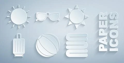 Set Beach ball, Sun, Suitcase, Towel stack, Glasses and icon. Vector Illustrazione stock
