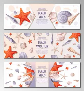 Set of beach banner withwith shells and starfish. Ocean sea holidays, vector  Illustrazione stock