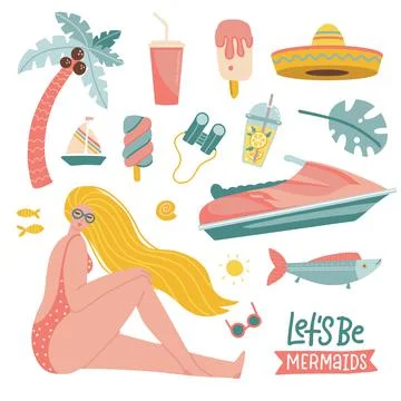 Set of beach elements and pretty girl character. Summer collection with beach Illustrazione stock