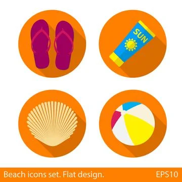 Set of beach flat icons with long shadow on orange round background. Flat d.. Stock Illustration