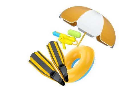 Set of beach gear including flippers, float, umbrella, and water gun isolated Stock Illustration