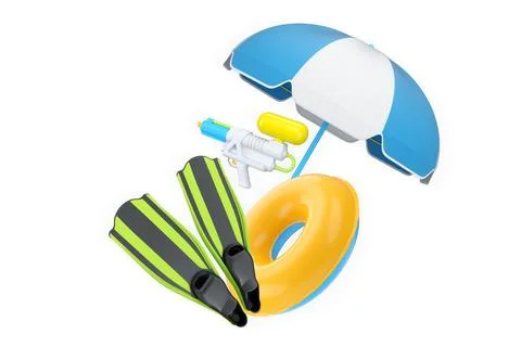 Set of beach gear including flippers, float, umbrella, and water gun isolated Stock Illustration