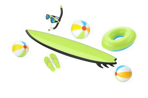Set of beach items including surfboard, snorkel, flip-flops, and beach balls Stock Illustration