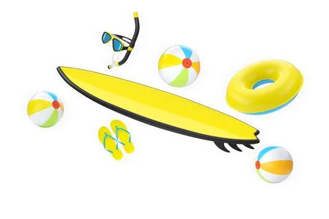 Set of beach items including surfboard, snorkel, flip-flops, and beach balls  스톡 일러스트