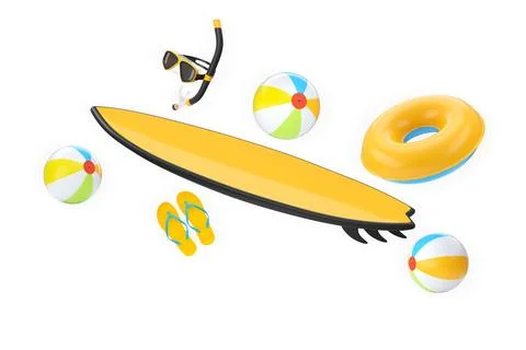 Set of beach items including surfboard, snorkel, flip-flops, and beach balls  イラスト素材