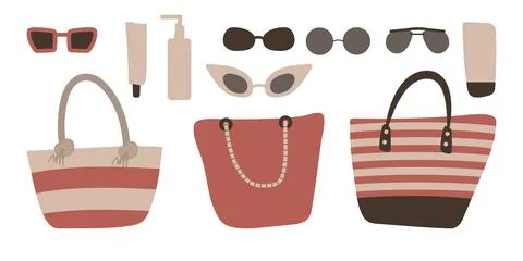 Set of beach items: large flat beach bags with rope handles, sunglasses Stock Illustration