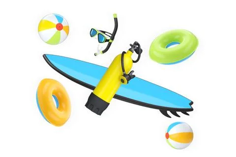 Set of beach items like surfboard, diving tank, mask, float rings, and beach Stock Illustration