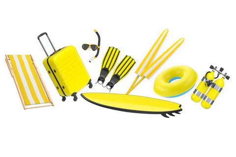 Set of beach items like surfboard, diving tank, mask, float rings, and beach Illustrazione stock