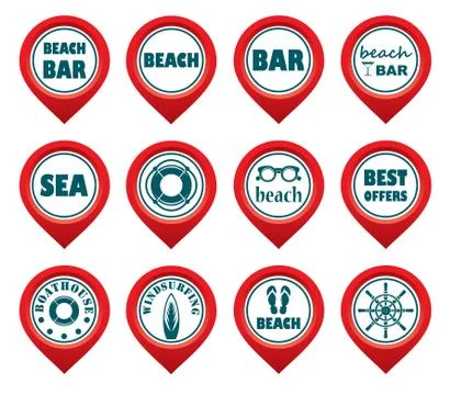 Set of beach map pointers. Stock Illustration