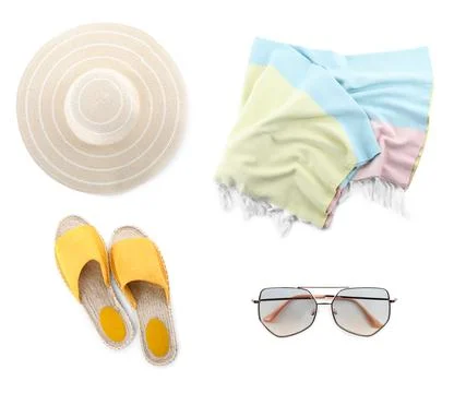Set of beach objects on white background, top view Stock Photos