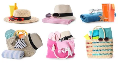 Set of beach objects on white background, banner design 스톡 사진
