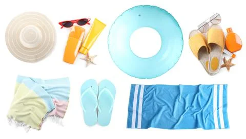 Set of beach objects on white background, top view. Banner design Stock Photos