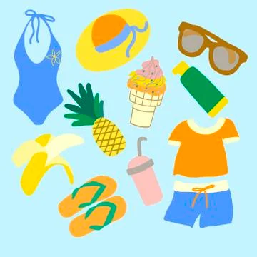 Set of beach things and fruits in vector graphics on a blue background. For the Stock Illustration
