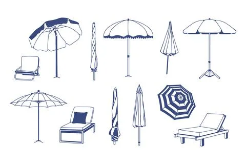 A set of beach umbrellas and deck chairs on white background. Illustration