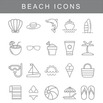 Set of beaches Related Vector Line Icons. Stock Illustration