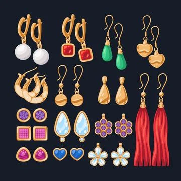 Set of Bead Earrings collection, Gold or silver accessories with gemstones,.. Stock Illustration