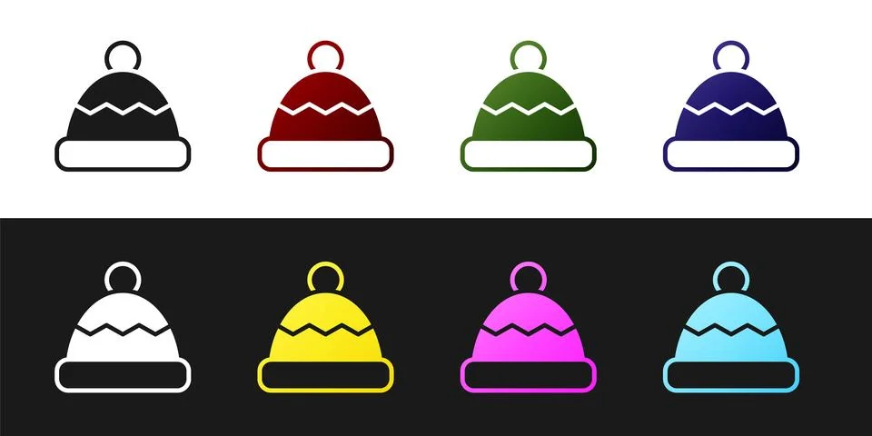 Set Beanie hat icon isolated on black and white background.  Vector Stock Illustration