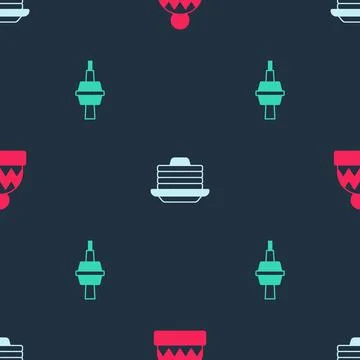 Set Beanie hat, Stack of pancakes and TV CN Tower in Toronto on seamless pattern Illustrazione stock