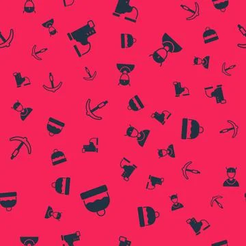 Set Beanie hat, Winter warm boot, Pickaxe and Viking head on seamless pattern Stock Illustration