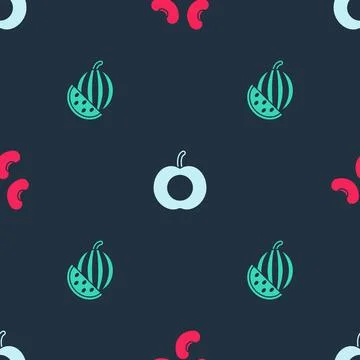 Set Beans, Peach fruit and Watermelon on seamless pattern. Vector Illustrazione stock