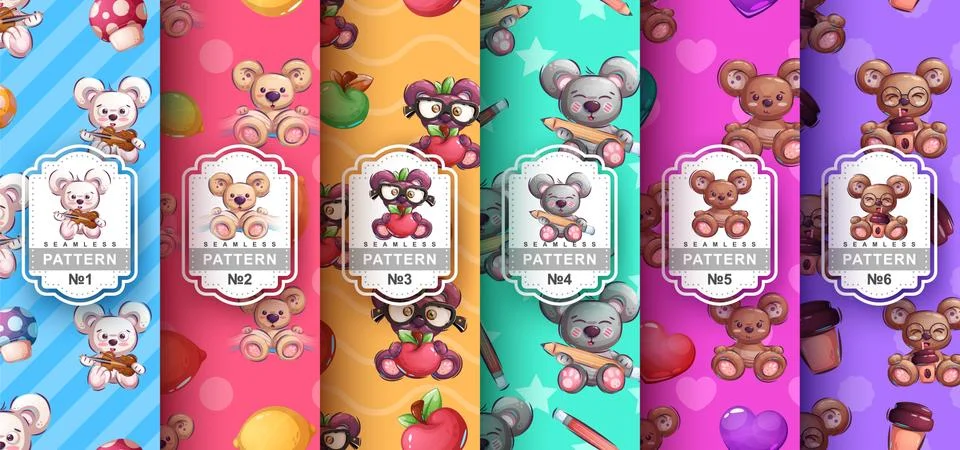 Set bear animal seamless pattern and cartoon character Stock Illustration