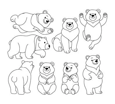 Set of bear doodle collection, bear outline coloring page or book animals f.. Stock Illustration