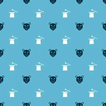 Set Bear head and Magic hat and wand on seamless pattern. Vector Stock Illustration