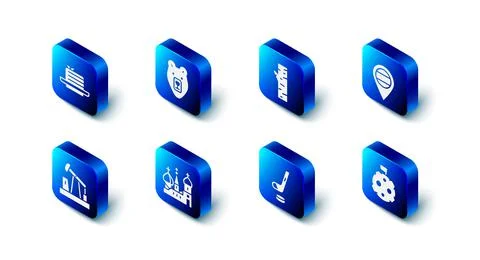 Set Bear head, Birch tree, Location Russia, Moon with flag, Ice hockey stick and Ilustração Stock