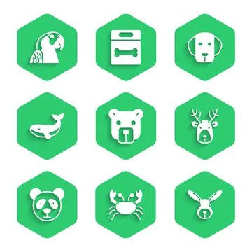 Set Bear head, Crab, Rabbit, Deer with antlers, Cute panda face, Whale, Dog and Stock Illustration