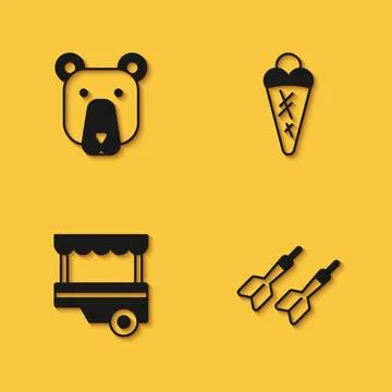 Set Bear head, Dart arrow, Fast street food cart and Ice cream in waffle ic.. Stock Illustration